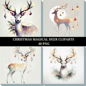 Elegante paquete de imágenes prediseñadas de ciervos mágicos navideños en acuarela, 40 ilustraciones festivas de renos con delicados adornos, manualidades con papel digital