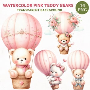 Pink Teddy Bear Cliparts, Watercolor Tedyy Bear Baby Shower png, Baby Girl Pink Hot Air Balloons, Bear with Balloons, Nursery Teddy Bear png