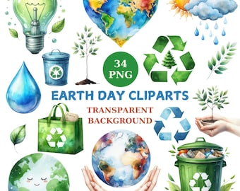 May include: A set of 34 watercolor illustrations for Earth Day. The illustrations include a lightbulb, a heart-shaped globe, a sun, a cloud, raindrops, a recycling bin, a recycling symbol, a globe, a globe with hands, a tree, a bag, and a water drop. The illustrations are on a transparent background.