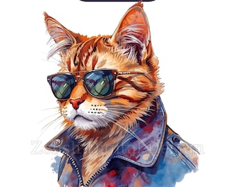 Aquarell coole Katze Clipart Bundle, 10 PNG & JPG, digitaler Download