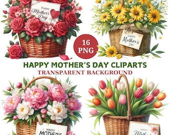 Mother's Day Floral Basket Clipart: Watercolor PNG Bundle (Digital Download)