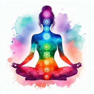 Op de afbeelding: Waterverfillustratie van een mediterende figuur in lotushouding, met de zeven chakra's in levendige kleuren uitgelicht. De figuur is een silhouet tegen een kleurrijke aquarelachtergrond. De tekst "Zelish Digital Design" is zichtbaar.