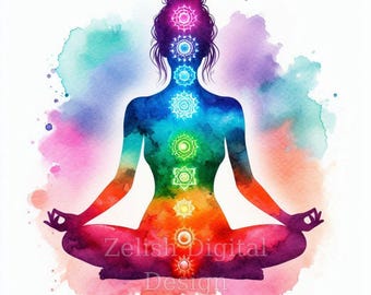Watercolor Chakra Yoga Meditation Art Prints , 10 Spiritual Energy Healing JPG Bundle, Instant Download