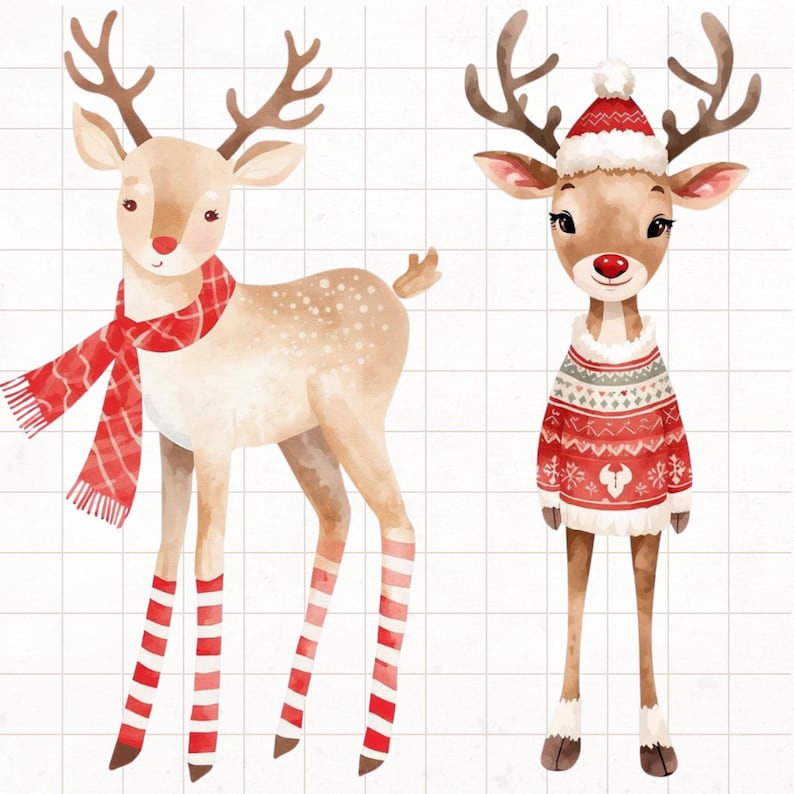 Watercolor Reindeer Clipart Bundle: 20 Funny Christmas PNG Graphics ...