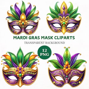 Könnte beinhalten: Vier Mardi Gras Masken mit goldenen, violetten und grünen Federn und Perlen. Die Masken haben goldene Verzierungen und violette und goldene Designs. Der Text "Mardi Gras Mask Cliparts" und "Transparent Background" befindet sich unter den Masken.