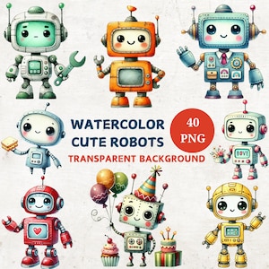 30 Cute Robots Clipart, Transparent Background Watercolor Robot png, Sublimation Graphics, Digital Paper Craft, Junk Journal