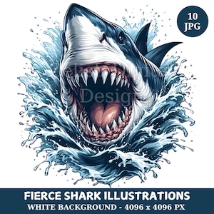Fierce Shark Clipart Bundle, 10 High Quality jpg Ferocious Shark Graphics Shark Illustration Digital Download Ocean Wildlife Art Paper craft