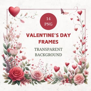 Clipart de marco de San Valentín, 14 png transparentes, descarga digital, borde de marco de acuarela, creación de tarjetas, creación de invitaciones de San Valentín