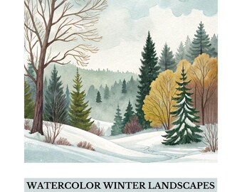 Watercolor Winter Forest Clipart: 30 Snowy Woodland JPG Illustrations (Digital Download)