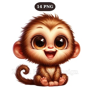 May include: A digital illustration of a cute cartoon monkey with large brown eyes and a happy expression. The monkey has brown fur and is sitting down. The image includes the text "14 PNG".