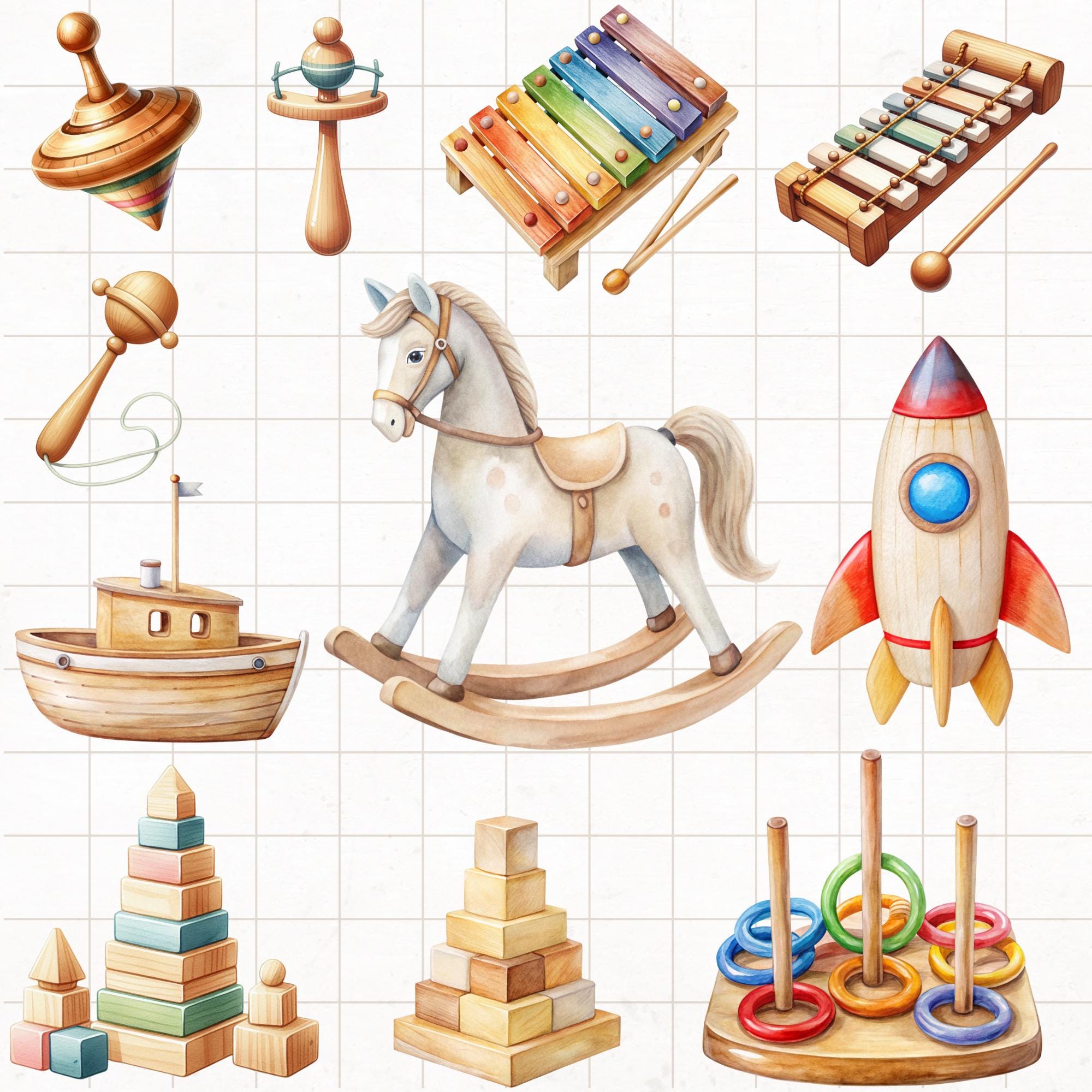 Watercolor Wooden Baby Toys Clipart Bundle: 34 PNG Illustrations ...