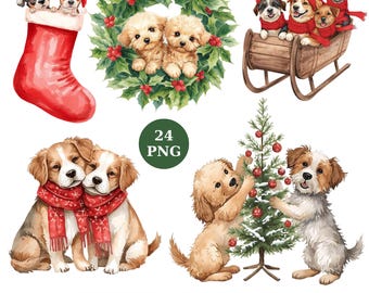 24 Watercolor Christmas Dog Clipart Bundle: Festive Puppies, Holiday Pet Designs (Digital Download)