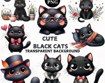 Svart katt akvarell clipart, 25 PNG-illustrationer (digital nedladdning)