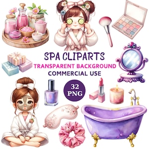 Spa-party clipart-paket: 32 PNG-bilder för egenvård och bortskämdhet (digital nedladdning)
