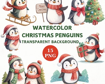 Watercolor Penguin Christmas Clipart Bundle: 15 PNG Holiday Illustrations, Digital Download