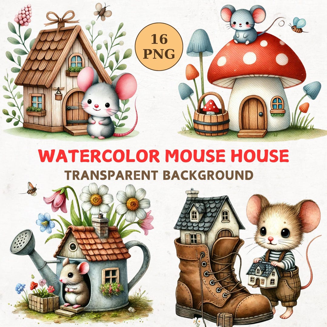 Watercolor Mouse House Clipart: Whimsical PNG Bundle (digital Download ...