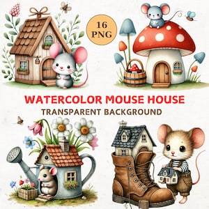 Bundle de cliparts maison souris aquarelle, 16 png transparents, clipart maison mignonne, petites souris, clipart jardin, fabrication de cartes, créations numériques en papier