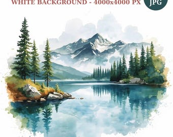 Watercolor Lake Landscape Clipart Bundle: 20 Nature View JPG (Digital Download)