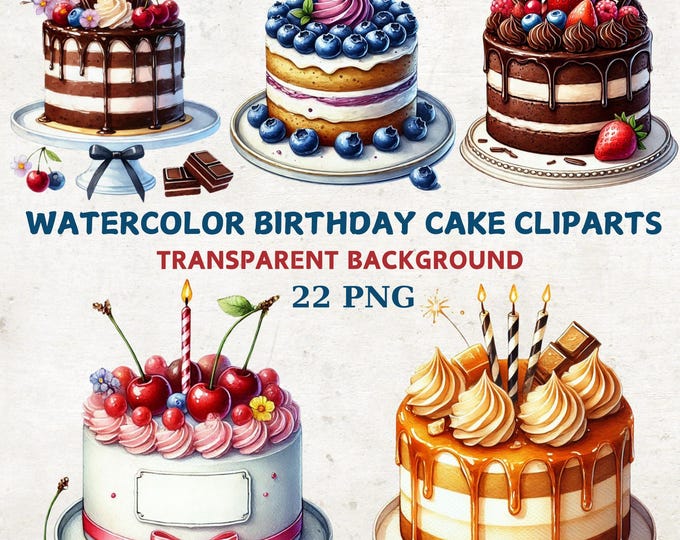 Watercolor Birthday Cake Clipart Bundle: 22 PNG Designs (digital ...