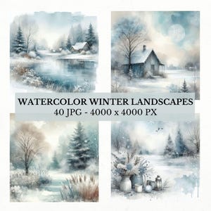 Winter Watercolor Landscape Clipart Bundle: 40 Serene JPG Scenes, Digital Download