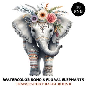 Watercolor Elephant Clipart Bundle, 10 Transparent png, Floral Elephant, Boho Elephant, Printable Elephant Illustration, Digital Download
