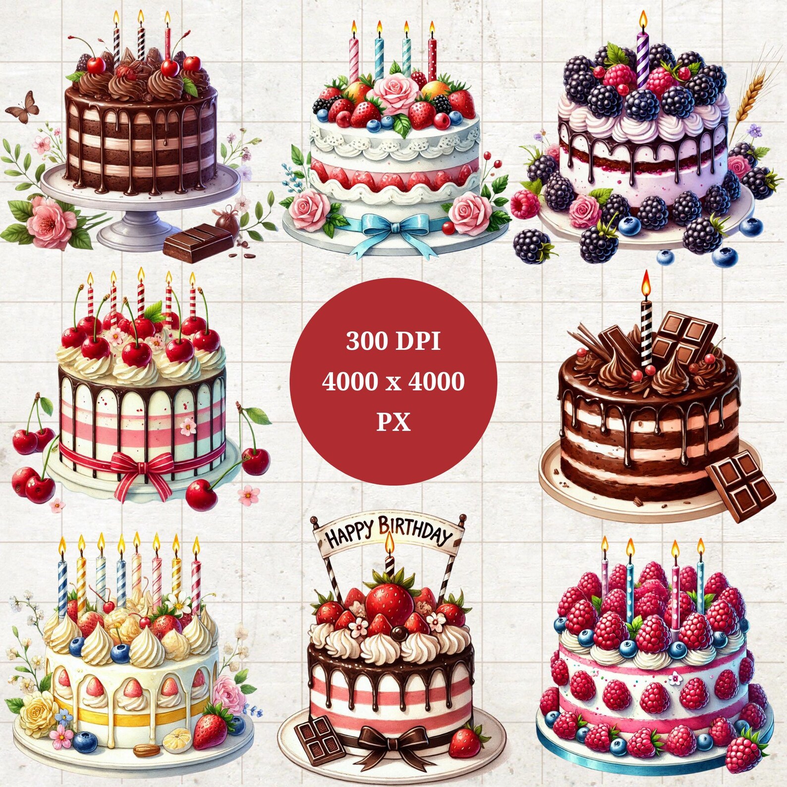Watercolor Birthday Cake Clipart Bundle: 22 PNG Designs (digital ...