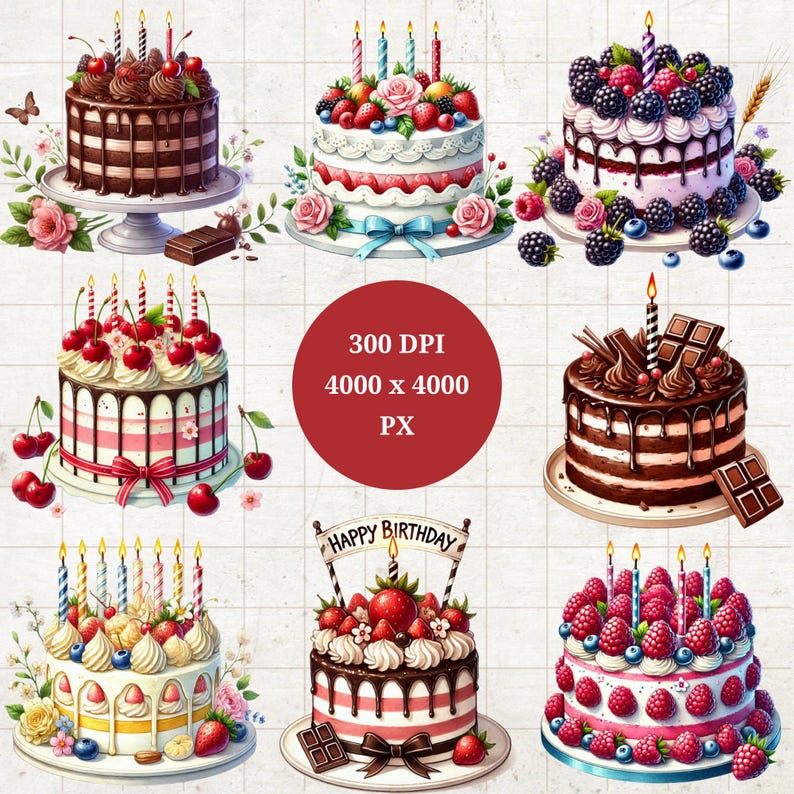 Watercolor Birthday Cake Clipart Bundle: 22 PNG Designs (digital ...