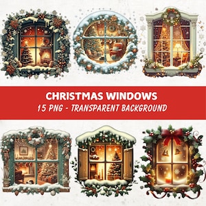 May include: A set of 15 digital images featuring Christmas windows with a transparent background. The windows are decorated with wreaths, garlands, and snow. The windows are illuminated with warm, inviting light. The images are perfect for adding a festive touch to your digital projects.