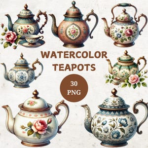 Vintage Floral Teapot Clipart, 30 Transparent png, Printable Watercolor Clipart, Teapots Illustrations, Digital download, junk journals