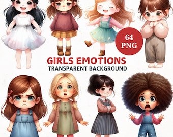 Watercolor Girl Emotions Clipart Bundle: 64 PNG Illustrations (Digital Download)