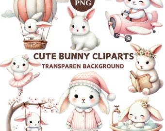 Clipart de conejito de acuarela: Paquete PNG de conejo de guardería pastel (descarga digital)