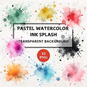 May include: A set of 35 watercolour ink splatters in various pastel colours, including pink, blue, green, yellow, orange, and black. The splatters are on a white background with the text "PASTEL WATERCOLOR INK SPLASH TRANSPARENT BACKGROUND" and "35 PNG".