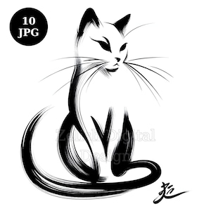 Può includere: Illustrazione in bianco e nero di un gatto seduto. Il gatto è disegnato con spessi tratti di pennello, conferendogli un aspetto minimalista e artistico. L'immagine include il testo "10 JPG" in un cerchio nero.