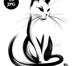 10 Zen Art Cat Clipart Bundle, White Background JPG, Digital Download