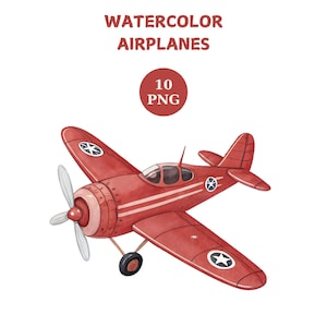Pode incluir: Ilustração em aquarela de um avião vermelho com detalhes brancos e uma hélice. O avião tem emblemas de estrela nas asas e um emblema circular na fuselagem. O texto "WATERCOLOR AIRPLANES" e "10 PNG" estão no topo.