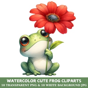 May include: Watercolor illustration of a cute frog holding a large red flower. The frog is green with big eyes and a white belly. The image has the text "WATERCOLOR CUTE FROG CLIPARTS" and other text.