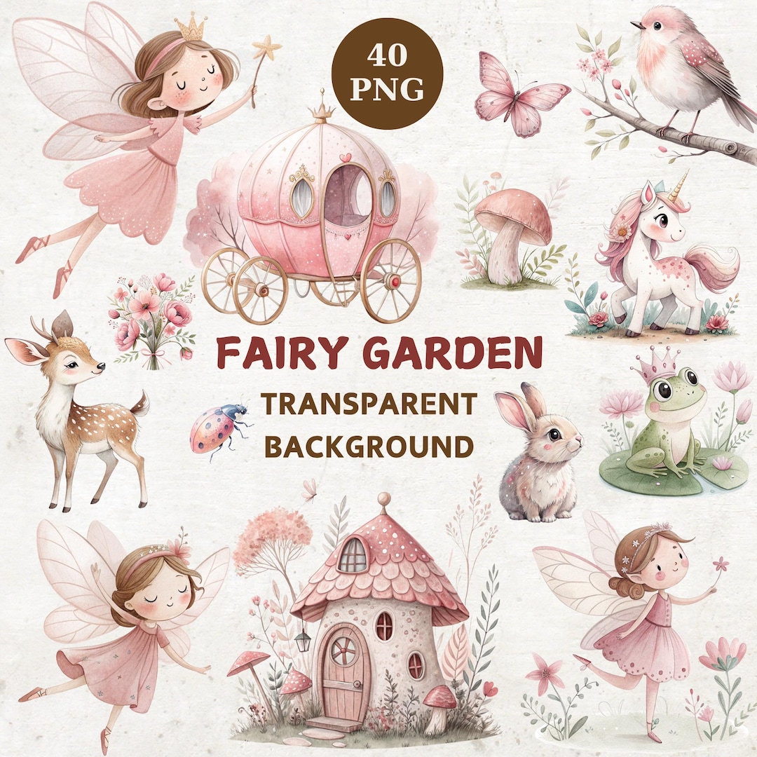 Watercolor Fairy Garden Cliparts: Pink Fairies, Unicorns (40 PNG ...