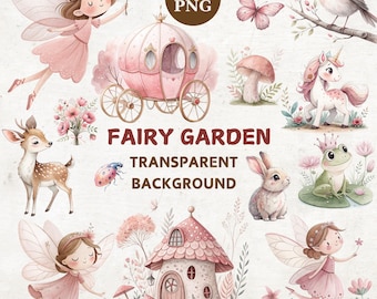 Imágenes prediseñadas de jardín de hadas en acuarela: Hadas rosas y unicornios (40 PNG, descarga digital)