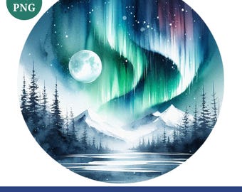 Watercolor Northern Lights Clipart: Aurora Borealis PNG Bundle (Digital Download)