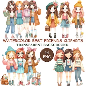 Best Friend Clipart Bundle, Besties Clipart, Watercolor Sisters Clipart, Instant Download, Paper Craft, Friendship Clipart, Best Friend png