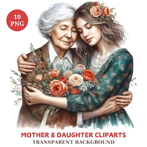 Watercolor Mother Daughter Clipart: Floral PNG Images (Digital Download)