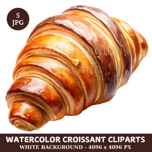 Watercolor Croissant Cliparts, 5 High Quality jpg, Instant Download, French Croissant Bread, Printable Croissant Images, Food Clipart