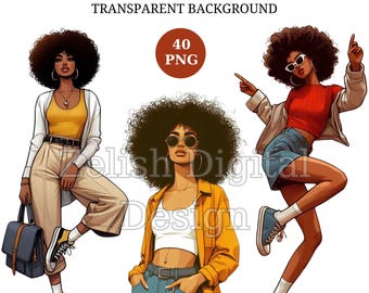 Pacchetto di clipart di ragazze nere: immagini di donne afroamericane (40 PNG)