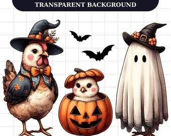 Clipart z kurczakami na Halloween: czarownica, duch, dynia, PNG i JPG (pobieranie cyfrowe)