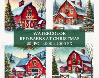 Watercolor Christmas Red Barn Clipart Bundle: 20 JPG Illustrations (Digital Download)