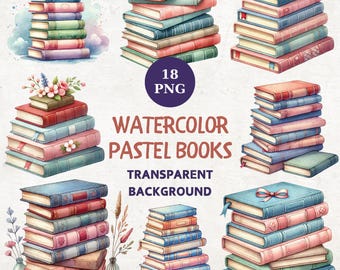 Watercolor Pastel Book Stack Clipart Bundle: Education Illustrations (PNG)