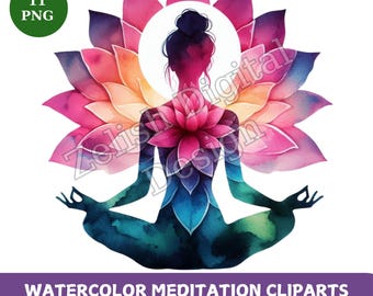 Watercolor Lotus Meditation Clipart: Yoga Zen Art (PNG Digital Download)