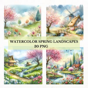 Watercolor Spring Landscape Clipart: 30 PNG Illustrations (Digital Download)