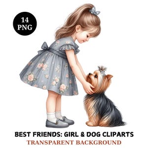 Best Friends Girl With Dog Clipart Bundle, 14 Transparent png, Dog Lover, Cute Baby girl, Watercolor Girl with Puppy Clipart, Pet Clipart