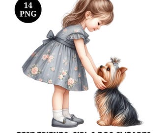 Girl and Yorkshire Terrier Watercolor Clipart Bundle, 14 PNG, Digital Download